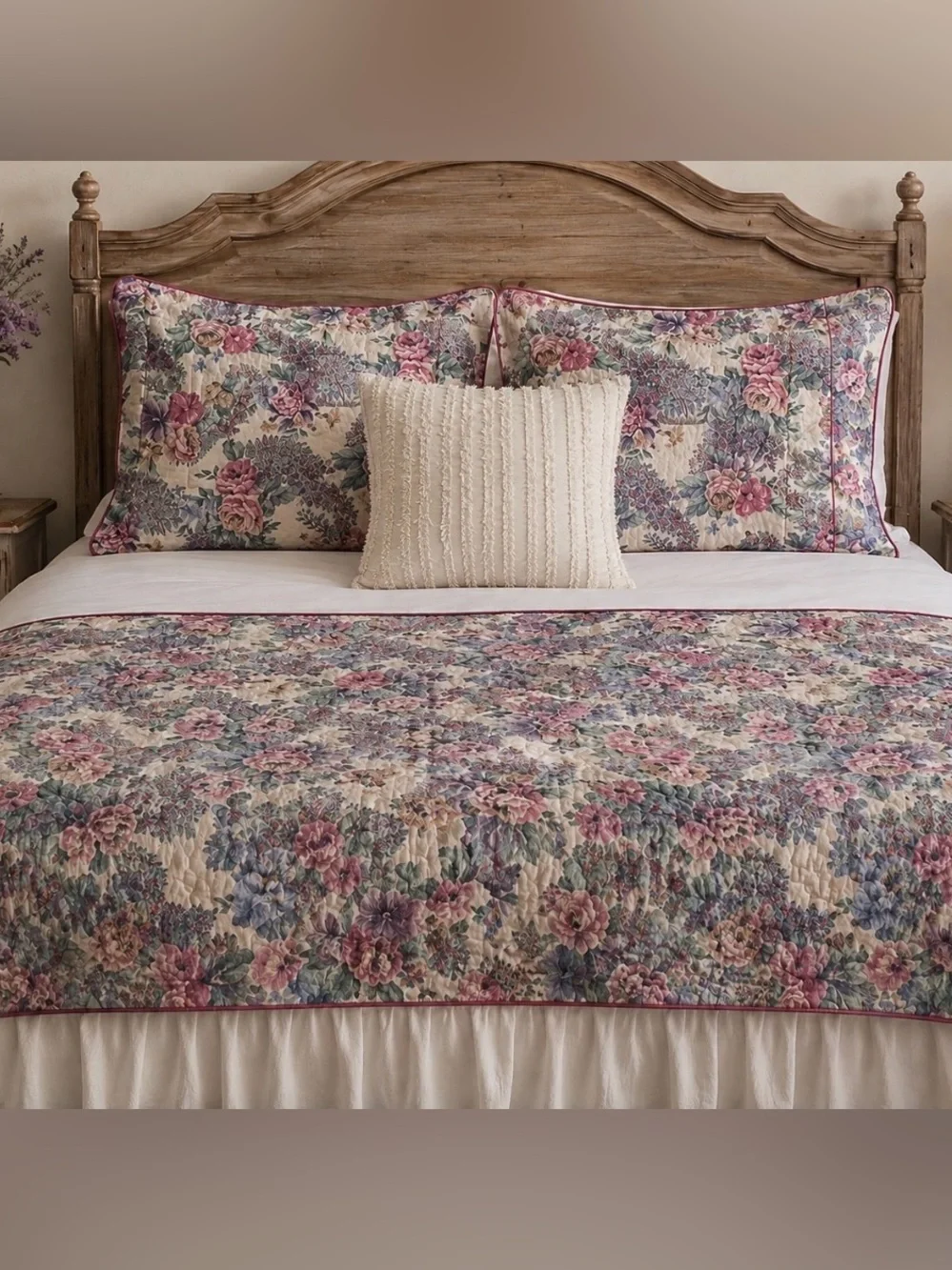 Vintage Croscill Floral Quilted Set in Cream with Pink & Blue Floral Accents